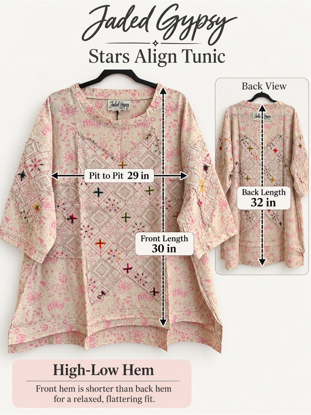 Jaded Gypsy Stars Align Tunic Pink Floral Embroidered High Low Boho Top - Picture 3 of 3